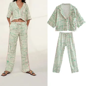 PPYQYKX Za 2021 damer nye mode trykt linned blusset bukser smart pyjamas-stil kvindelige retro lomme casual straight-ben bukser