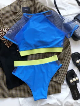 To-Delt Badedragt Kvinder Neon Blå Patchwork Sexet Bikini Push Up Badetøj Korte Ærmer Mesh Bikini Sæt Høj Talje Badedragt