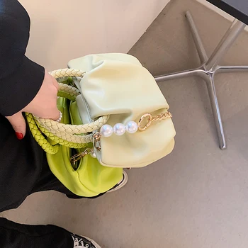 Små plisserede Totes, Med et polstret Håndtag 2021 Sommeren Nye PU-Læder-Kvinder ' s Designer Håndtaske Pearl Kæde Skulder Messenger Taske