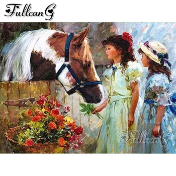 FULLCANG Pige elsker hest abstrakte diy 5d mosaik diamant maleri fuld pladsen runde bor rhinestone broderi dyr FC3258 77