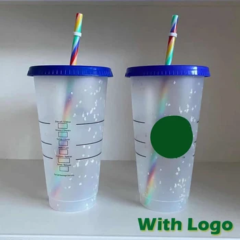 710ml Halm Cup Konfetti Cup med Rainbow Halm Med Låg Med Logo Farve Ændre Skinnende Cup Plast Tumbler kaffebæger tazas
