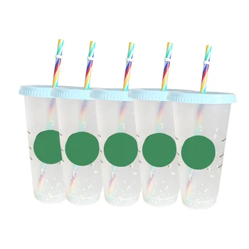 710ml Halm Cup Konfetti Cup med Rainbow Halm Med Låg Med Logo Farve Ændre Skinnende Cup Plast Tumbler kaffebæger tazas