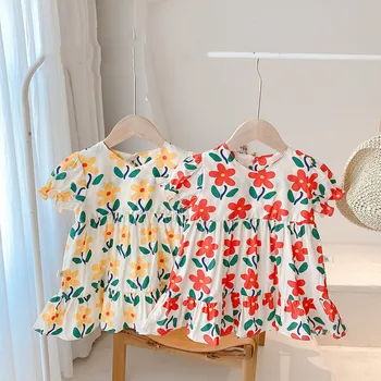 Piger sommer blomster korte ærmer kjoler koreansk stil 2021 baby pige bomuld casual v-hals prinsesse kjole 81955