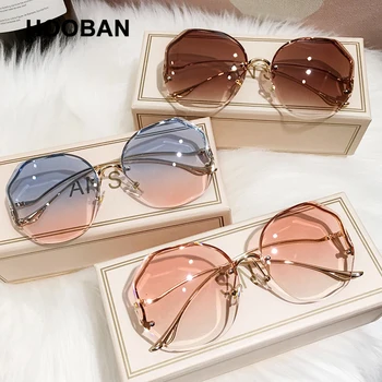 HOOBAN 2021 Mode Overdimensionerede Uindfattede Solbriller Kvinder Brand Design Gradient Sol Briller For Lady Vintage Rejser Briller