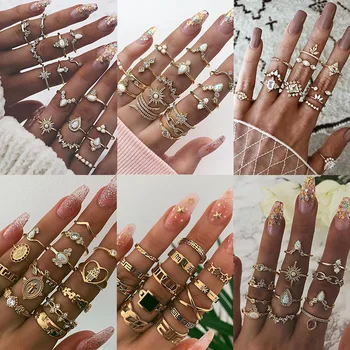 Vintage Gold Star Kno Ringe Til Kvinder Crystal Star Crescent Geometriske Kvindelige Finger Ringe Sæt Smykker 2021 8243