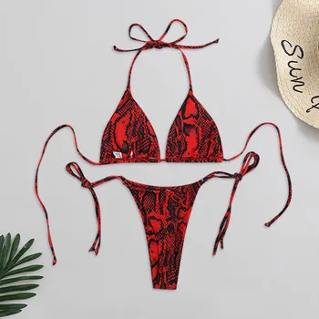Sexet Badetøj, Bikinier Kvinder slangeskind Print Bandage Badedragt Halterneck High Cut Bikini Sæt To-delt badedragt Til Kvinder #ZQ 84441