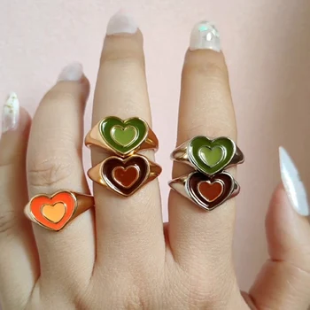 Dobbelt Lag Hjerte Ringe Til Kvinder, Piger Årgang Farverige Kærlighed Par Hjerte Ring Mode Æstetiske Jewerly 2021 Tendens Anillos