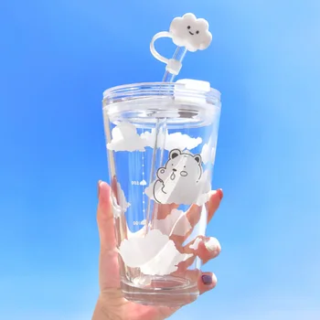 480MLCreative Kawaii Cloud og Bjørn Cup Enkel og Frisk Hvid Sky Kop med Sugerør Fashion Glas Vand til Pige Cup