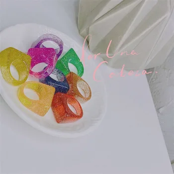 Ny Mode Charme Gennemsigtig Shin Geometri Rektangel Akryl Harpiks Finger Ringe Til Kvinder Koreanske Trendy Pailletter Ring Smykker 85132
