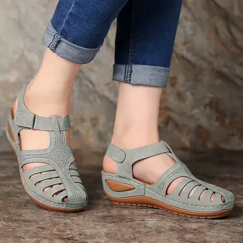2020 Top sælger Kvinder Sandaler Vintage Polka dot Sommer Sko Anti-slip-round-Tå Skrå Hæl Komfortable pige sandaler 8735