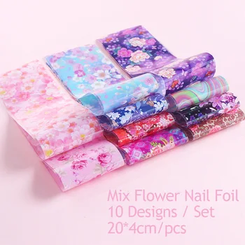 10stk Flower Nail Art Folier Overførsel Skyder Blandet Designs Steg DIY Sticker Negle Folie, UV Gel Selvklæbende Wraps