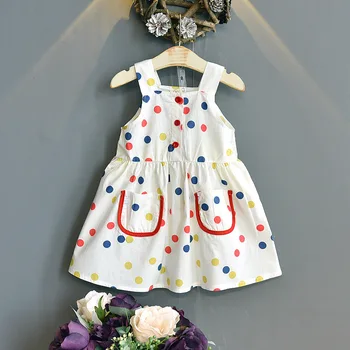 Baby Piger Kjole med Polka Dot Mønster Udskrivning Lomme Dekoration Sød Stil Tøj Sommer Tøj 88291