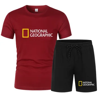 Ny National Geographic logo farve udskrivning. Mænds sportstøj, to-delt dragt, fitness-uniform, kort-langærmet T-shirt + shorts 88695