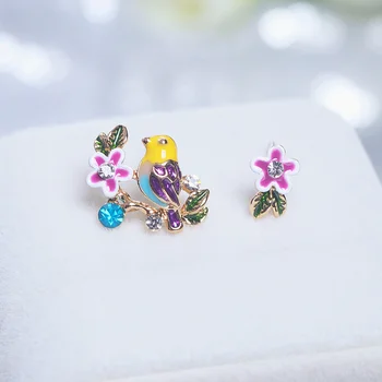 Nyt Design Dejlige Farverige Asymmetrisk Fugl Blomst Krystal Stud Øreringe til Kvinder, Piger koreansk Stil Søde Øreringe Jewerly Gaver