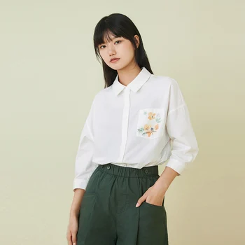 INMAN Sommeren Kvindelige Top Bluse koreanske Mode Klassiske Revers Polo Krave Blomster Print Brev Broderet Knappen Cardigan Shirt 92826