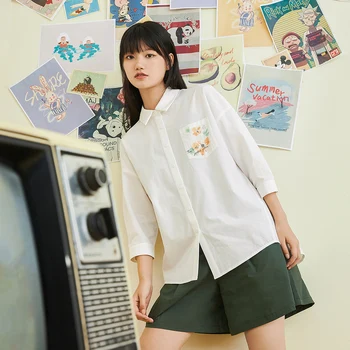 INMAN Sommeren Kvindelige Top Bluse koreanske Mode Klassiske Revers Polo Krave Blomster Print Brev Broderet Knappen Cardigan Shirt