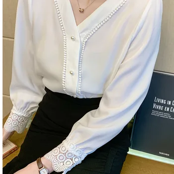 #2058 Koreansk Stil Hvid Chiffon Shirts Kvinder V Hals Sexet Basic Toppe Chiffon Bluse Med Lange Ærmer Løse Kvinder Shirt Forår, Efterår 95525