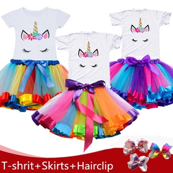 Sommeren Tutu Nederdel + Unicorn T-shirts Mini Pettiskirt Princess Udstyr Piger Nederdele fødselsdagsfest Tøj Rainbow Tyl Nederdele 96184