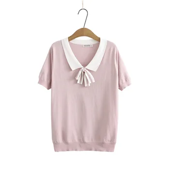 Nye 2021 Damer Sommer Plus Size Strik Toppe Til Kvinder Stor Bluse med Kort Ærme Elastisk Slim Blå Pink Sløjfe Shirt 4XL 5XL 6XL 96619