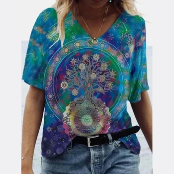 3D Blomster Print Kvinder Bluse Shirt 2021 Sommeren Korte Ærmer V-Hals Overdimensionerede Pullover, Toppe, Mode Efteråret Damer Shirts Blusa 9745
